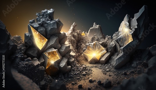 deposits of crystalline platinum and gold ore in a nugget. Precious minerals of different types and textures. Created with AI. photo