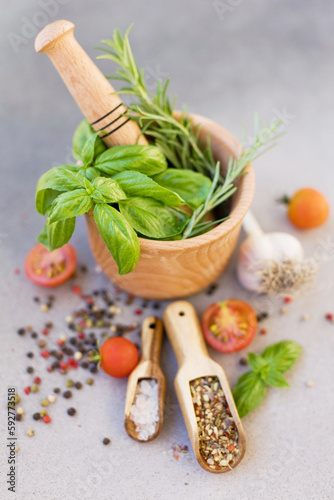Spices and fresh kitchen herbs concept