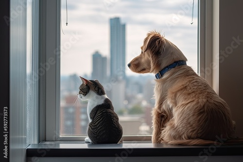 Heartwarming Image of Dog and Cat Sitting Together on City Apartment Windowsill - Generative AI photo