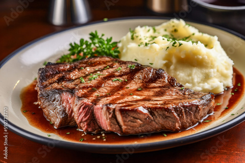Valokuva Grilled beef steak with mashed potatoes on wooden table, closeup