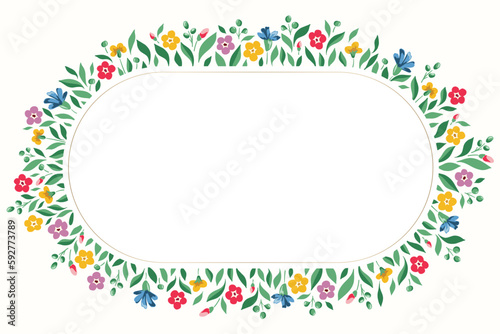 Bright Chintz Romantic Meadow Wildflowers Vector Ellipse Oval Frame. Cottagecore Garden Flowers and Foliage Wedding Invitation. Homestead Bouquet. Farmhouse Background