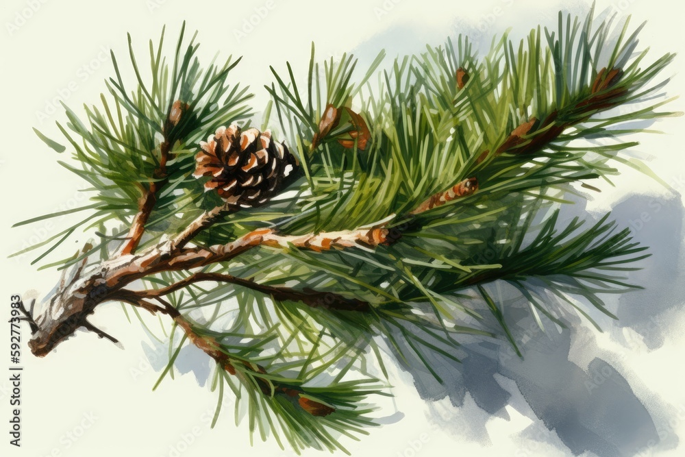Cone-adorned pine branch. Illustration created by hand in watercolor. Green spruce element with realism. Gorgeous evergreen tree part with rich leaves. natural cone-bearing conifer twig. a light
