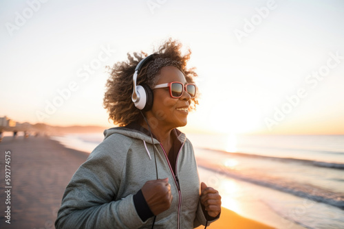 Happy mature woman listening music jogging on sea shore  generative ai