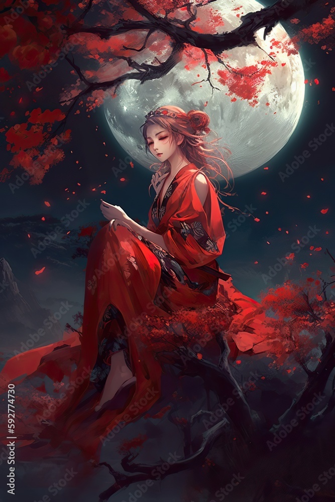Japanese cartoon anime girl in a dress in a flower field on a full moon made with generative AI Japanese cartoon anime girl in a dress in a flower field on a full moon made with generative AI