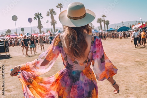 vibrant and bohemian-inspired Coachella festival outfit view from the back, featuring a flowy maxi dress, fringe accessories, a wide-brimmed hat, music festival - Generative AI photo