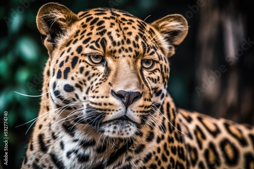 This photograph shows the leopard up close ( panther Panthera pardus). Generative AI