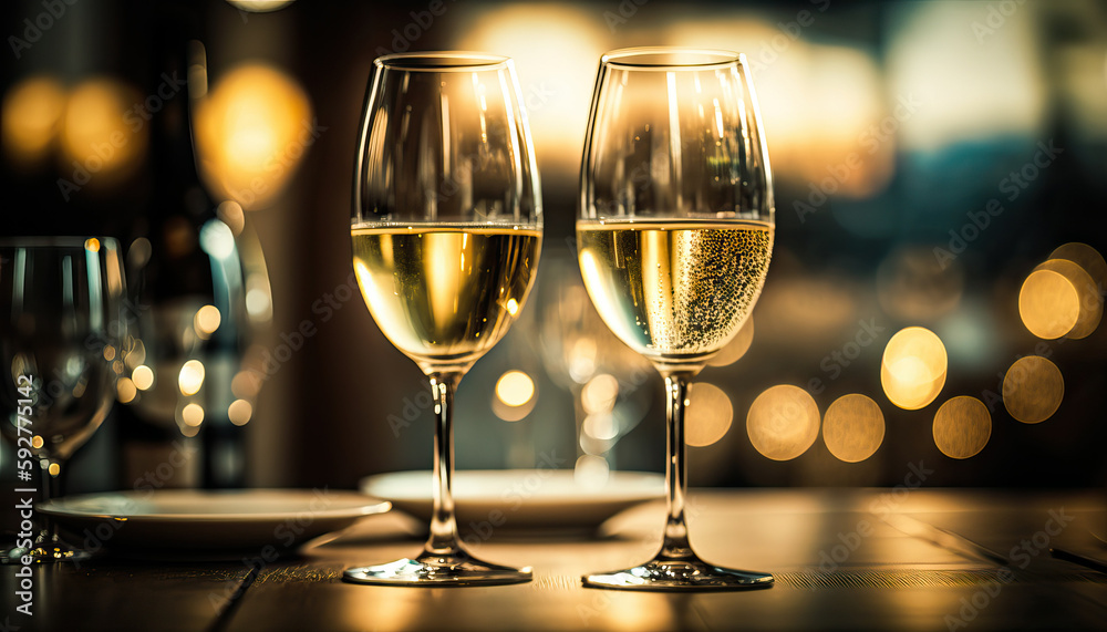 Two glasses of champagne, toasting at night with bokeh lights, sparkles and sparks in the background.pleasant festive atmosphere. generative AI