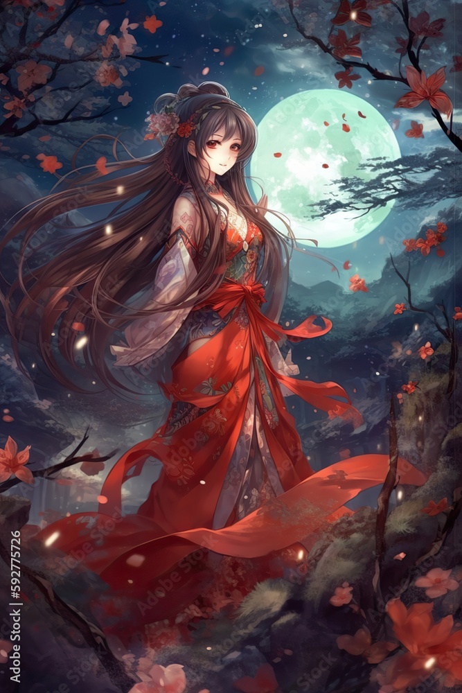 Japanese cartoon anime girl in a dress in a flower field on a full moon made with generative AI Japanese cartoon anime girl in a dress in a flower field on a full moon made with generative AI