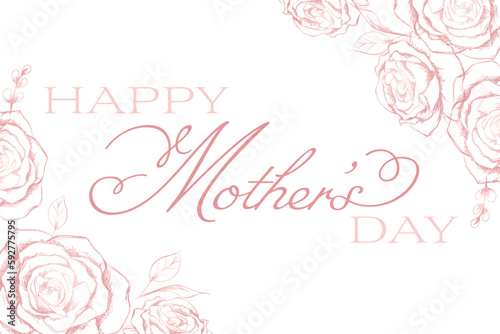 Pink hand sketched vector roses and Happy Mother's Day text, 5x7 card ratio 