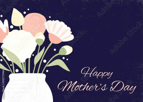 Up close Mother's Day flower vase design, in a cut paper style with textures. 5x7 ratio greeting card design
