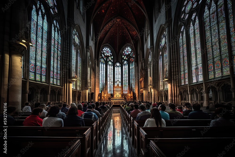 Inside of a church with many people sitting in pew chairs and looking out at the view from the altar. Powerful Image of Congregation Attending Mass in Latin American Cathedral - Generative AI - obrazy, fototapety, plakaty 