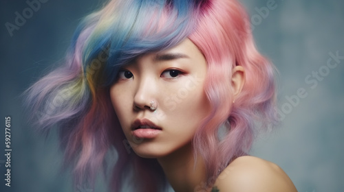 Beautiful and Modern Asian Women with Colorful and Pastel Hair made with Generative AI