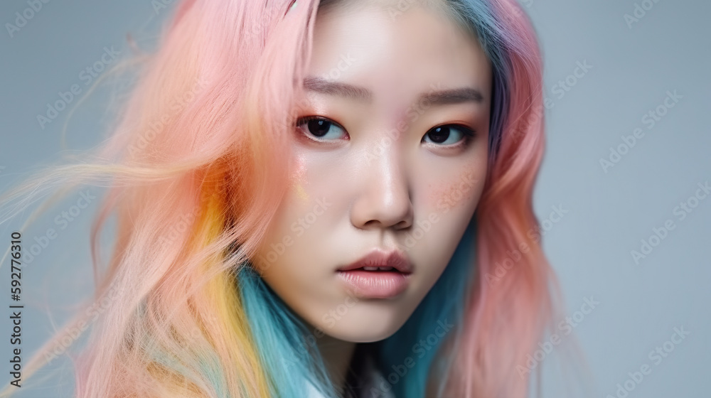 Beautiful and Modern Asian Women with Colorful and Pastel Hair made with Generative AI
