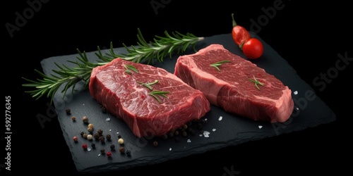 Two pieces of raw meat venison with thyme, garlic and colored pepper on the black shale stone Fototapet