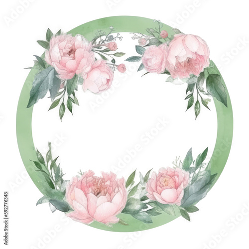 Green and Pink Watercolor Wedding Frame. Illustration AI Generative