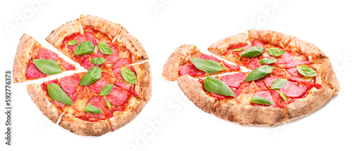 Delicious sliced pizza with pepperoni on white background