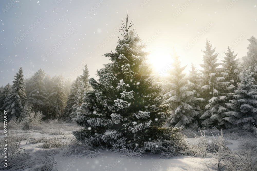 Christmas Joy in the Wild: A Beautiful Winter Landscape with Christmas Trees and Snow, Generative AI