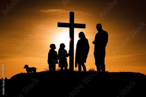 A Setting Sun Witnesses a Family's Faithful Prayer to God: A Religious Silhouette of a Cross: Generative AI