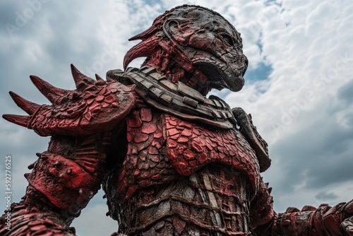 Ancient Warrior: Statue of a Red Kobold Covered in Scales and Wearing Dirty, Battered Armor: Generative AI