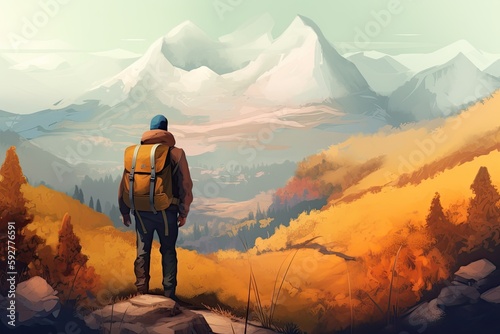 Exploring the Autumn Mountains: An Adventurous Journey of a Hiker with a Backpack: Generative AI