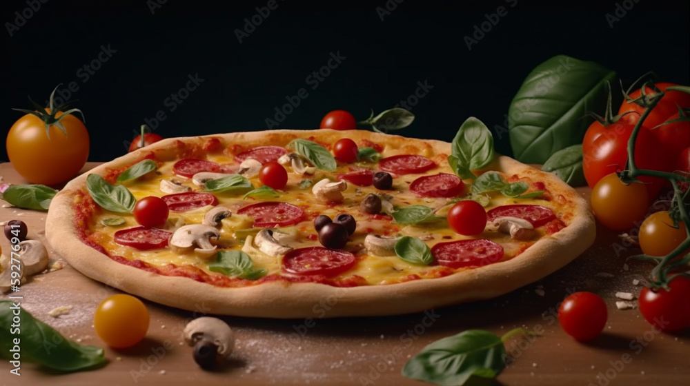 Italienische Pizza mit dekorativem Gemüse vor dunklem Hintergrund im Studio - with Generative Al technology