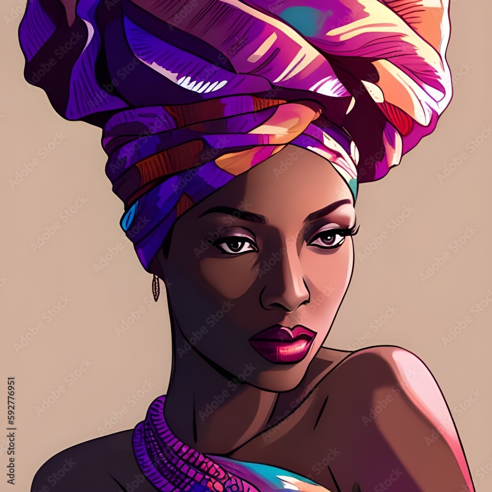 Beautiful African American, Black woman portrait glamour shot, elegant headdress, headwrap, turban