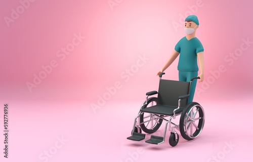 Fototapeta Naklejka Na Ścianę i Meble -  Nurse with Wheelchair. 3D Illustration