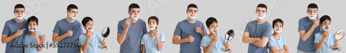 Set of father and his little son shaving against light background