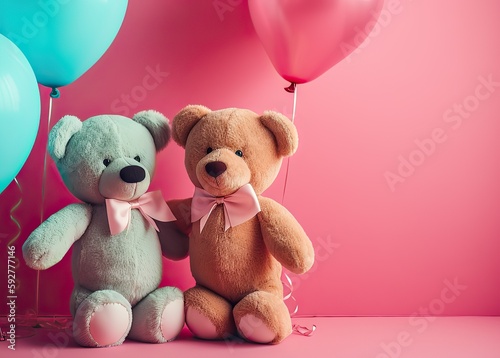 A pink teddy bear with a pink bow sits on a pink background decoration © Yan