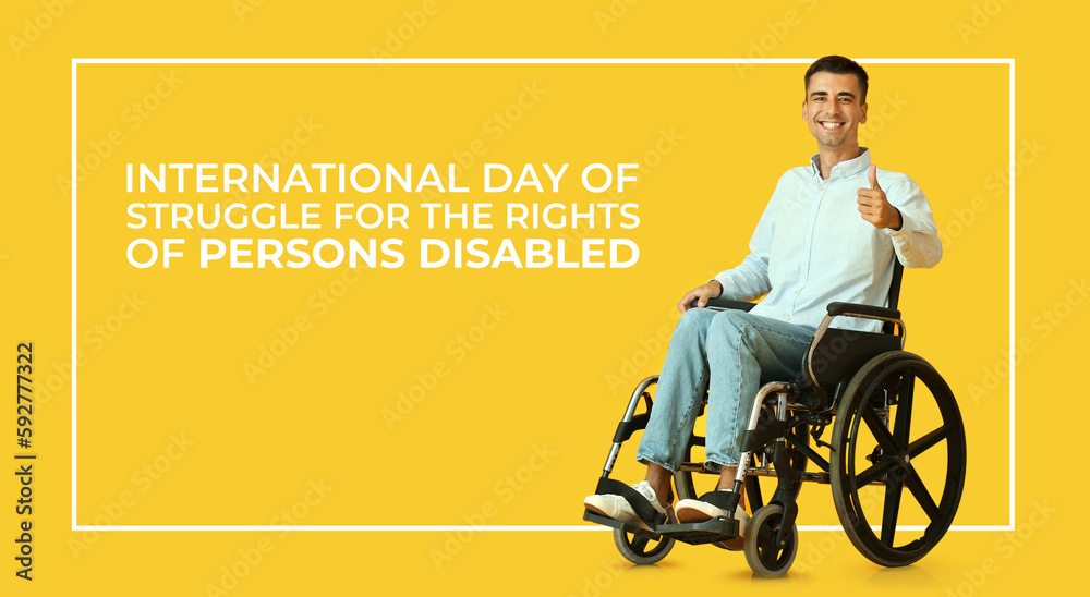 Fototapeta premium Banner for International Day of Struggle for the Rights of Persons Disabled with young man in wheelchair