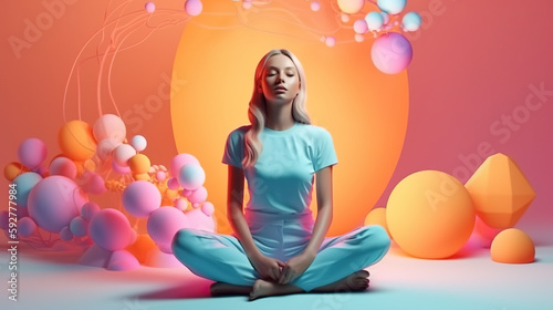 Beautiful and Striking Women Meditating with a 3D Colorful Backdrop, made with Generative AI