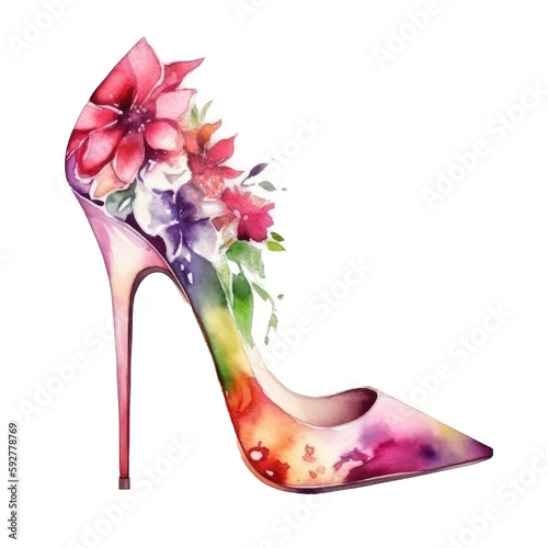 Watercolor stiletto heel with flowers Illustration AI Generative.