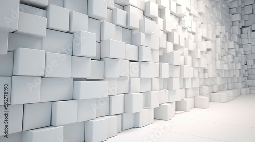 3D White Mosaic Tiles Forming a Modern, Futuristic Wall in a Network of Square & Light Blocks. Generative AI