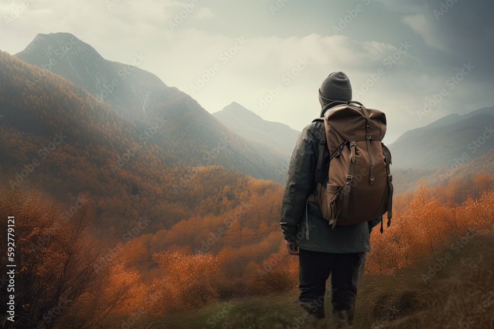 Exploring Nature's Splendour: A Hiker's Journey In The Autumn Mountains. Generative AI