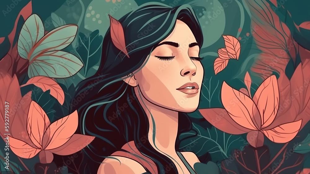 Illustrated Beautiful Women Meditating in Nature made by Generative AI