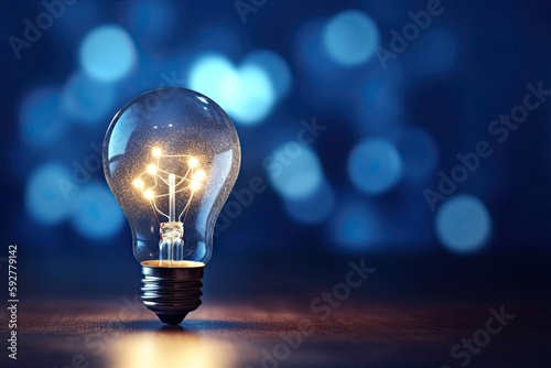 Innovation Ignites! Bright Lightbulb Sparkles with Electric Idea on Blue Bokeh, Generative AI