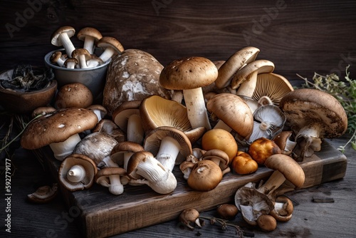 Rustic Harvest of Wild Edible Mushrooms: Variety of Healthy Fall Fungal Caps for Vegetarian Food. Generative AI