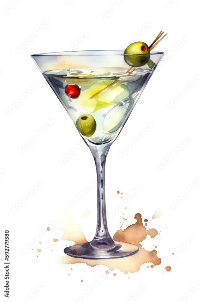 Watercolor illustration of a martini cocktail isolated on white background. Alcoholic drink made up of gin and vermouth decorated with olives in a cocktail glass. Generative AI. Watercolor illustration of a martini cocktail isolated on white background. Alcoholic drink made up of gin and vermouth decorated with olives in a cocktail glass. Generative AI.