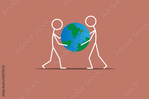 Two stick figures are lifting a globe together. suitable for illustrations related to environmental issues