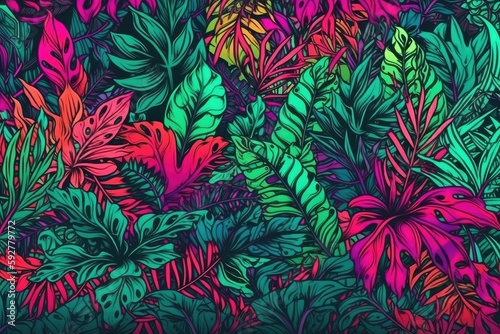 Tropical flora and trendy neon leaves in a seamless pattern. Generative AI