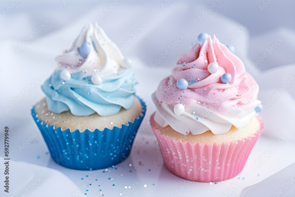 Cupcakes with blue and pink decoration on white background, close up view. Gender reveal party. Generative AI.