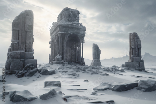 Ancient Temple Ruins of unknown Civilization buried in Arctic snow. Generative AI