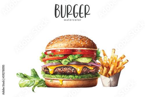 Watercolor burger and french fries on white background