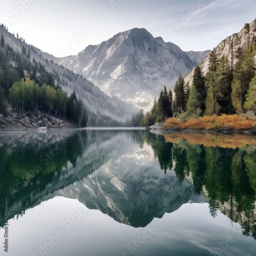 mirror like surface of a lake reflecting the surrounding mountains and trees  made with AI