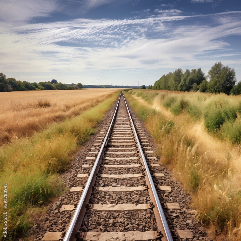 Obraz premium Train tracks running through a countryside field, made with AI