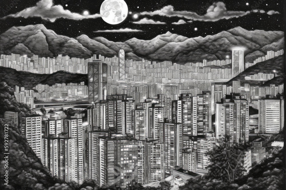 Photograph of the stunning city lights and architecture in grayscale. Generative AI