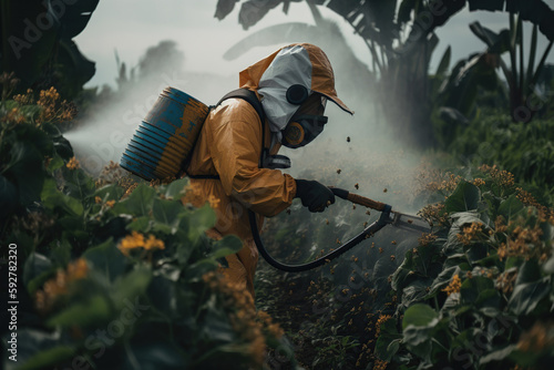 A farmer in protective gear spraying pesticides on crops, created with Generative AI technology photo