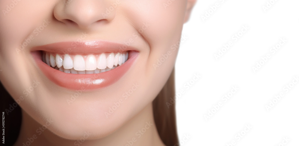 Fototapeta premium Smiling woman with perfect teeth, close up. Dental clinic banner. Isolated on white background female perfect tooths. Generated AI mouth