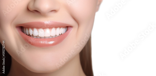 Smiling woman with perfect teeth, close up. Dental clinic banner. Isolated on white background female perfect tooths. Generated AI mouth