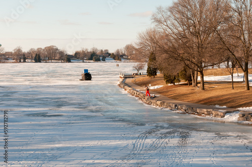 Ice Fishing Shanties On Fox River At De Pere, Wisconsin, In January